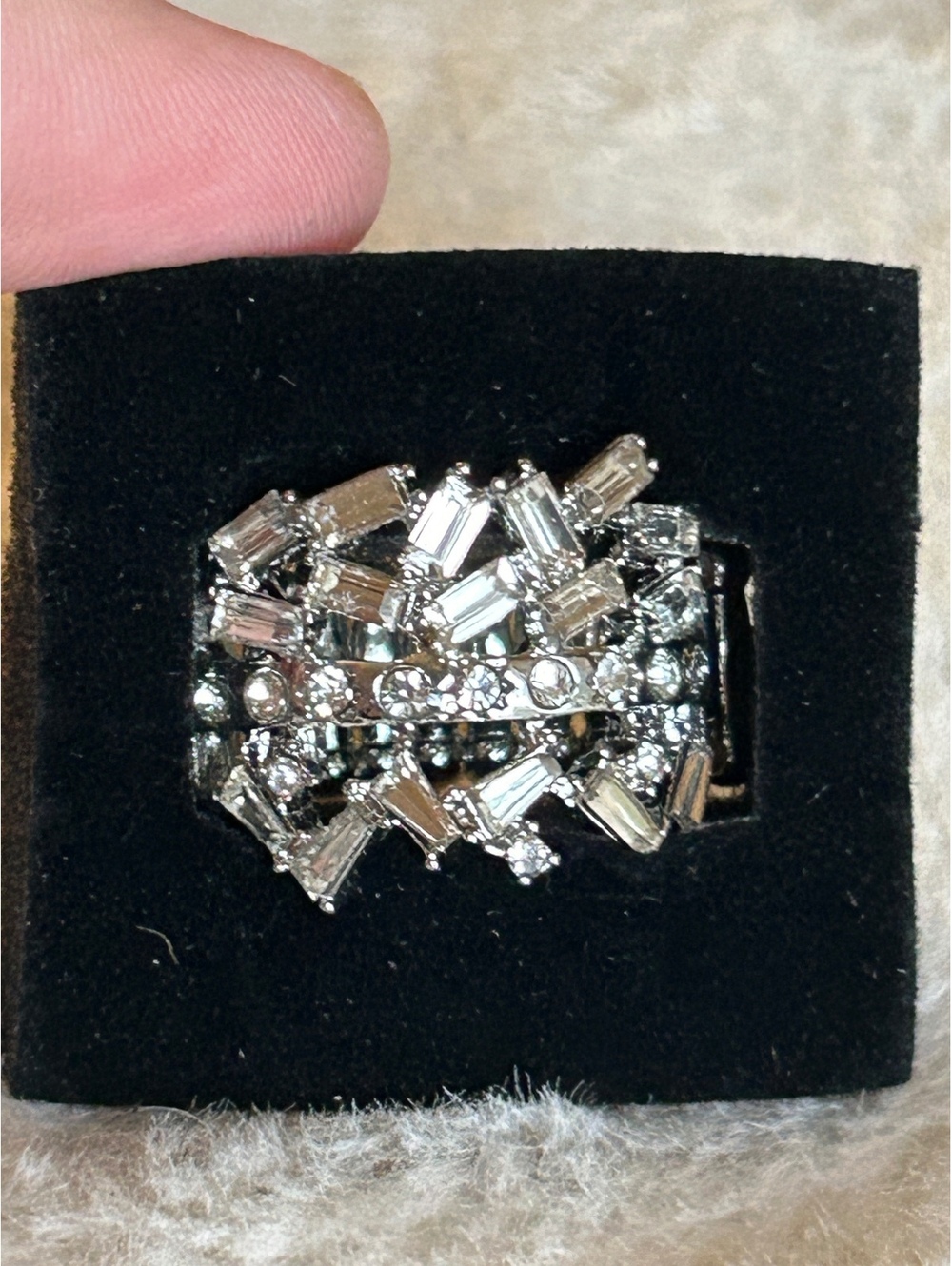 Silver Tone Stretch Crystal Statement Ring